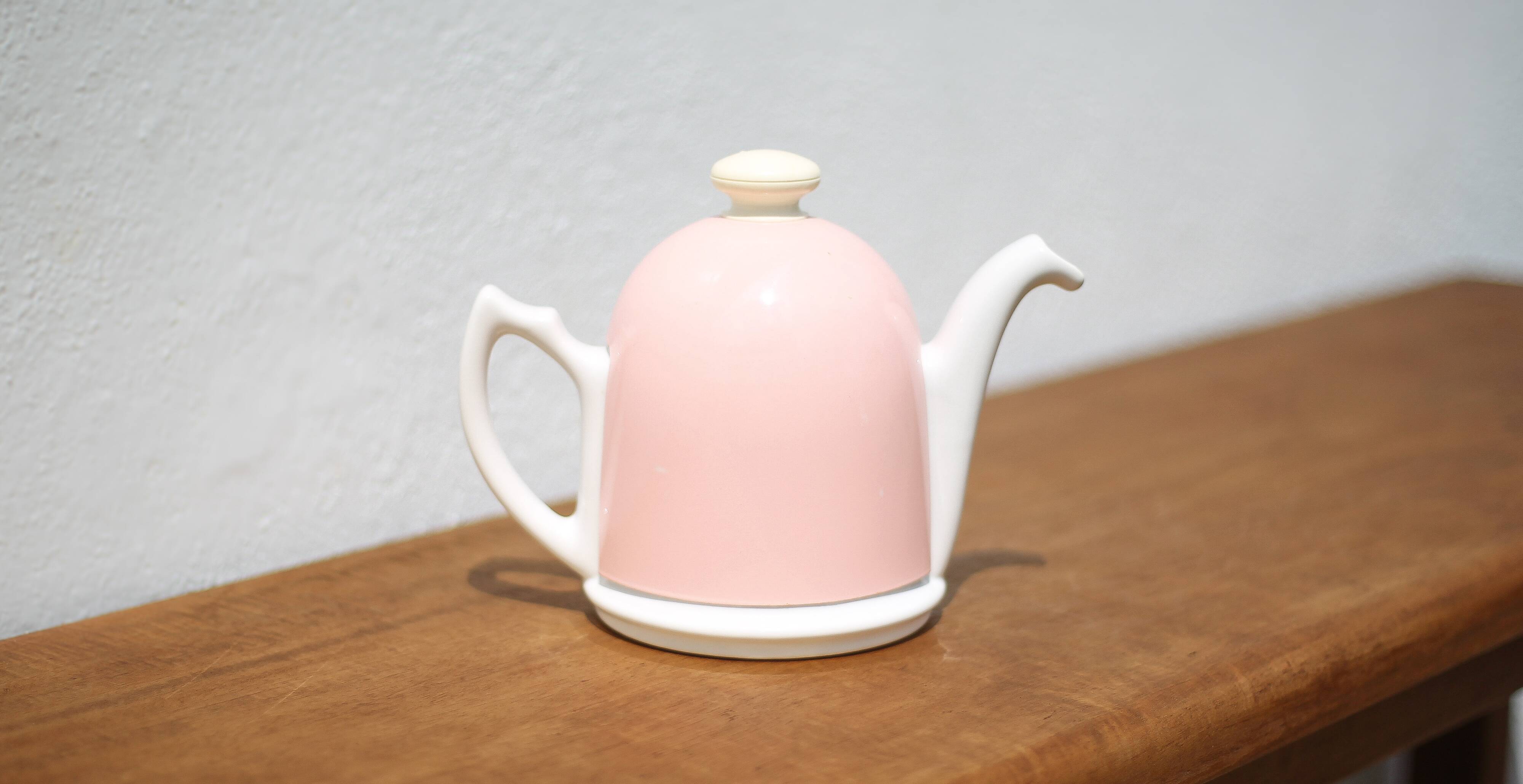 Vintage teapot, porcelain teapot and metal hat, teapot, kettle, infusion, kitchen