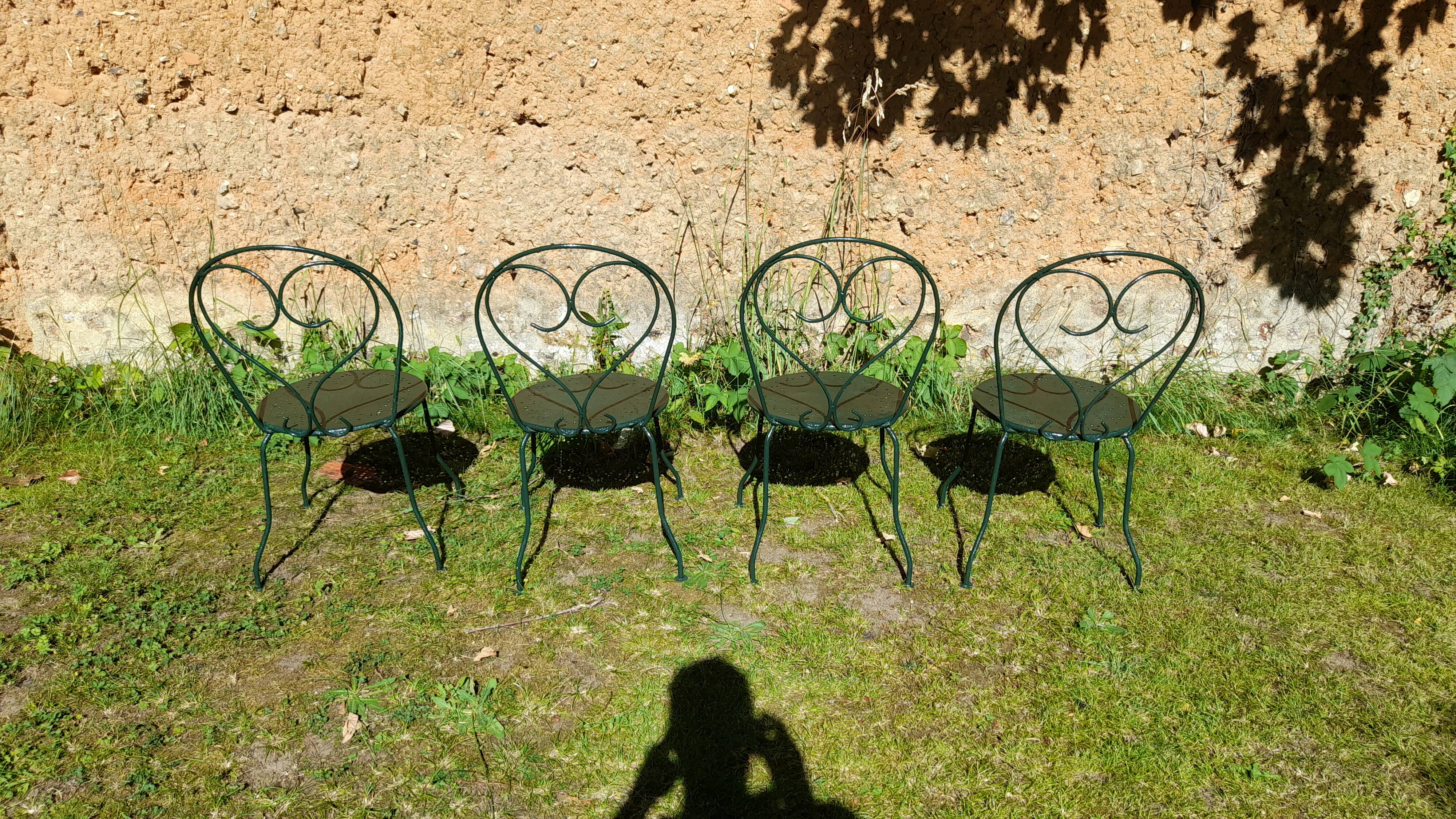 Salon de jardin ancien fer forgé 1 table 4 chaises vert wagon