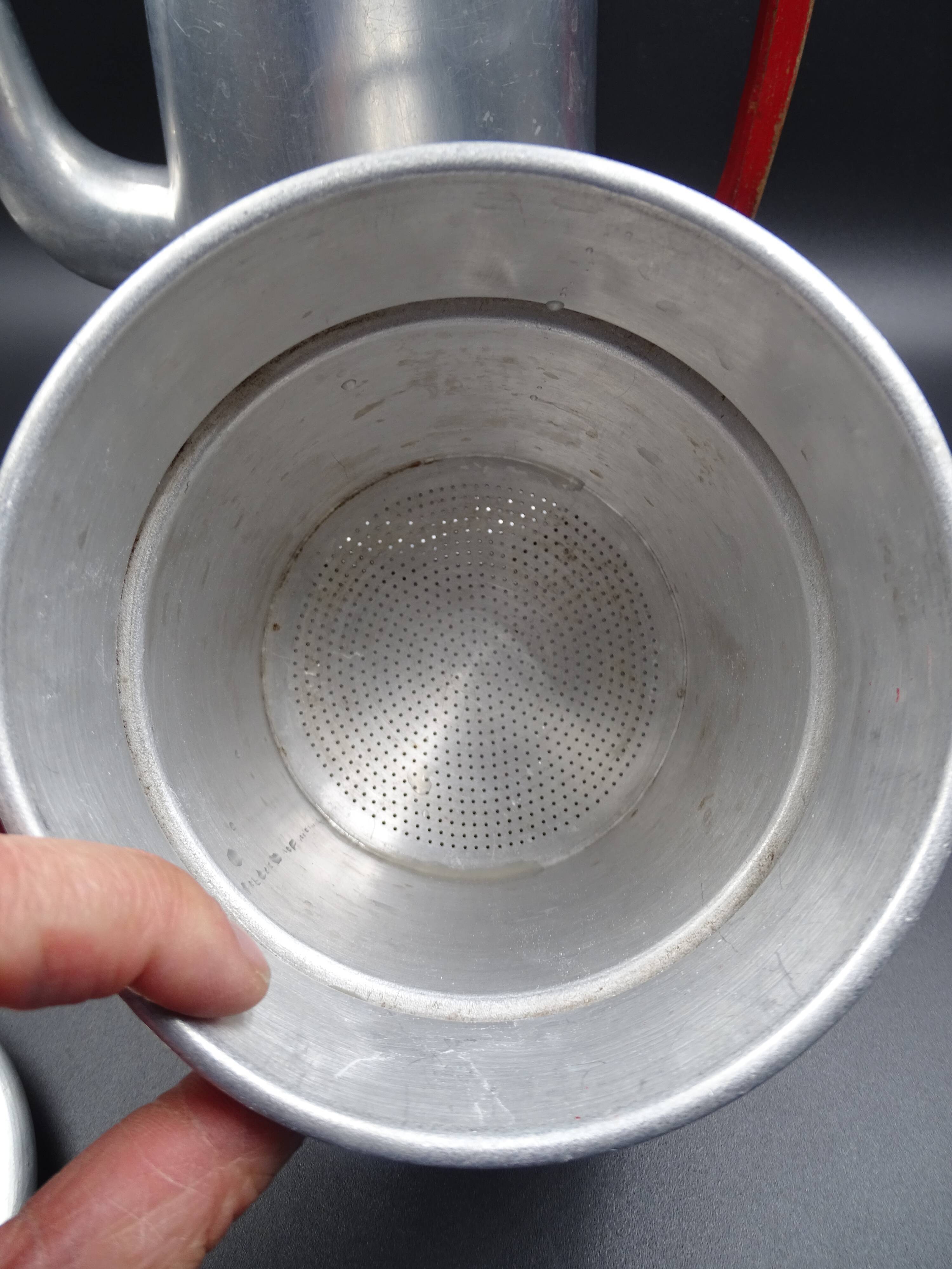 Old aluminum coffee maker -red cove - around 1930
