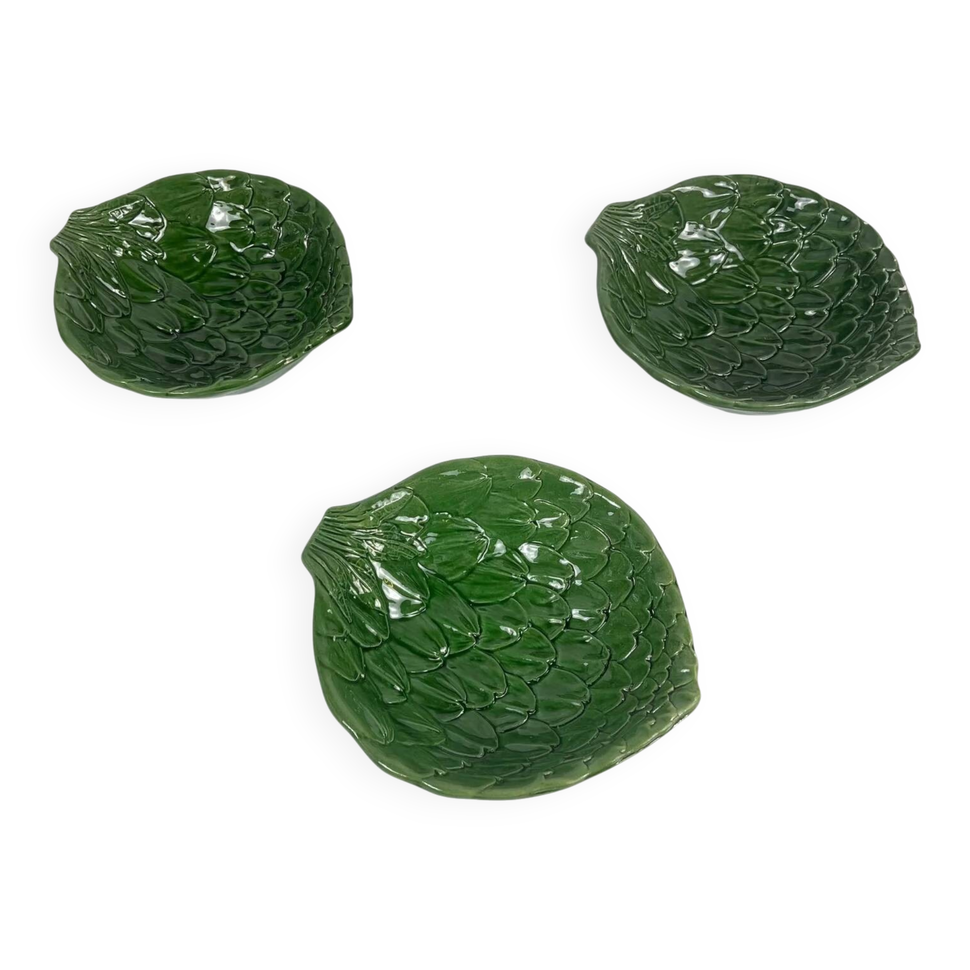 Set of 3 green leaf artichoke barbotine bowls vintage 70s
