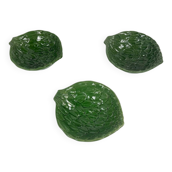 Set de 3 bols barbotine vert feuille artichaut vintage années 70