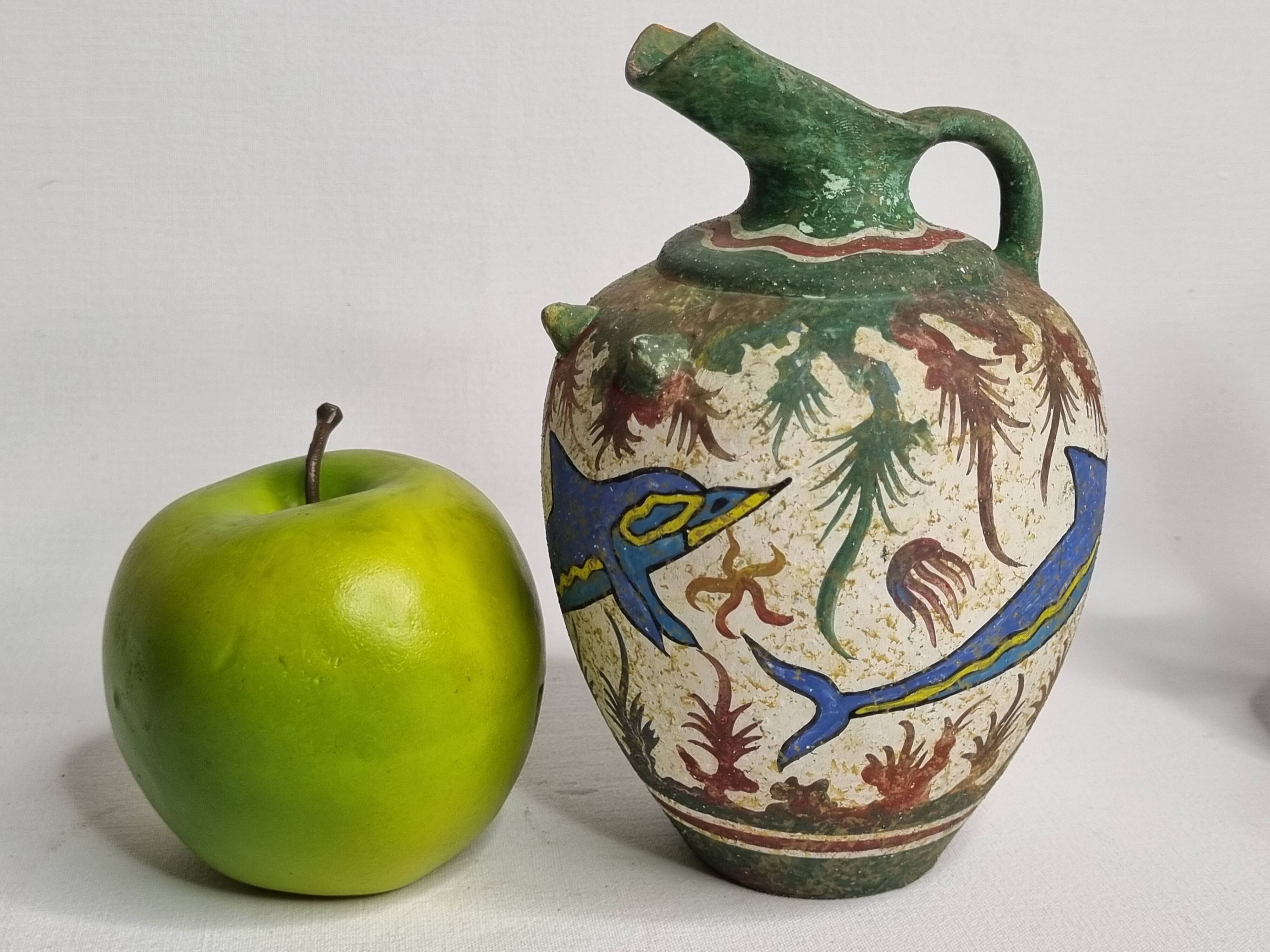 Ceramic vase, Ancient Cretan style, marine decoration with dolphins, 17 cm