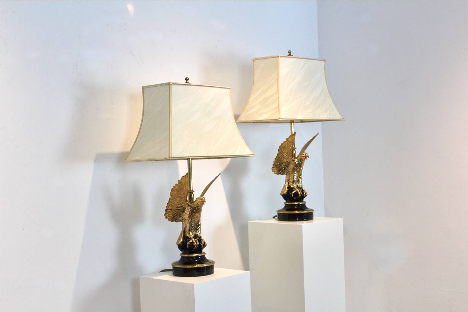 Pair of large Belgian brass carved eagle table lamps