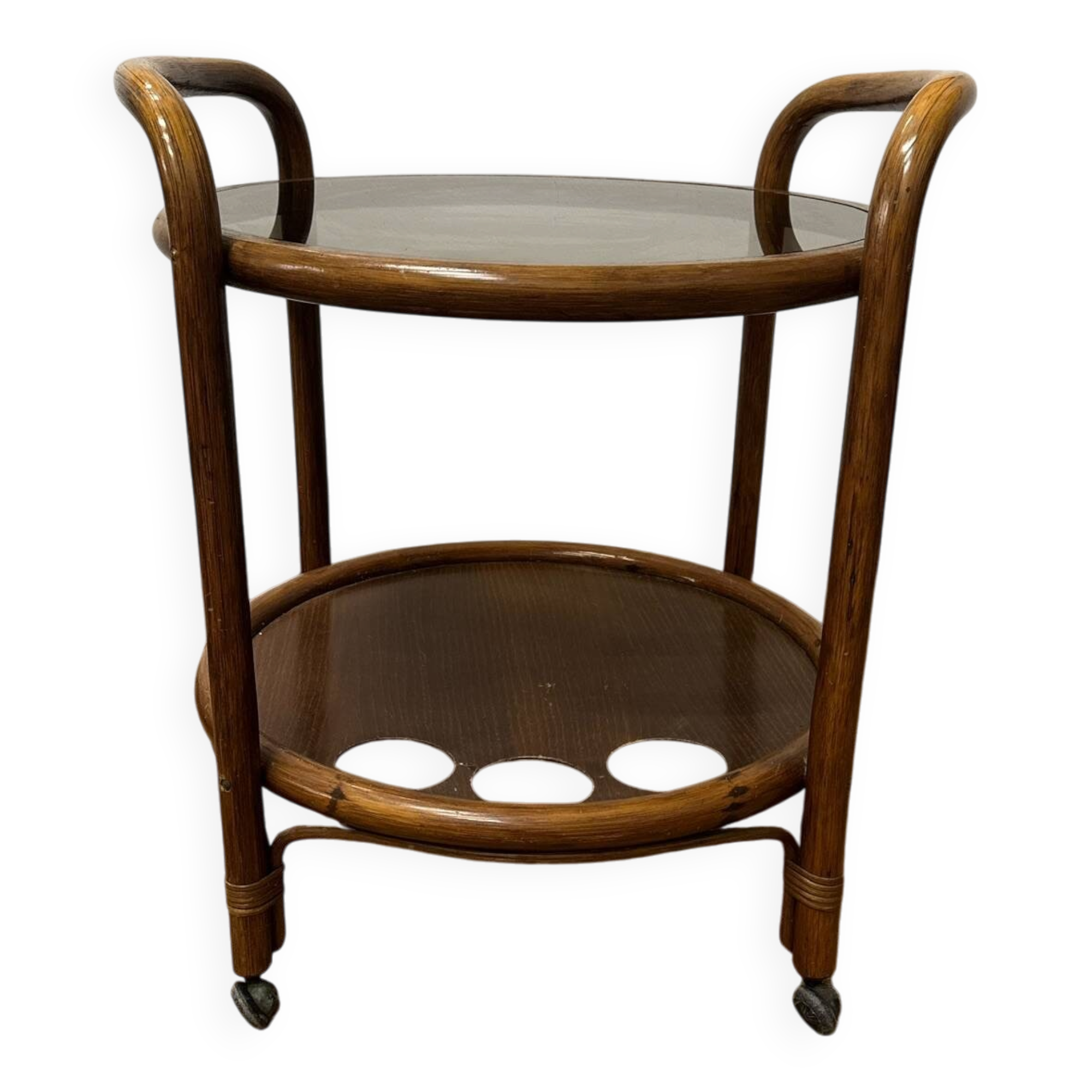 Vintage curved wooden rolling dessert trolley – smoked glass top