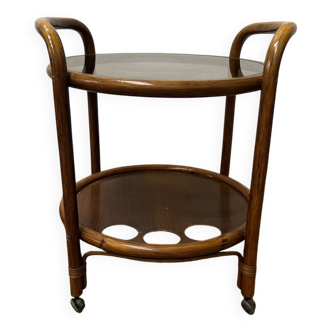 Vintage curved wooden rolling dessert trolley – smoked glass top