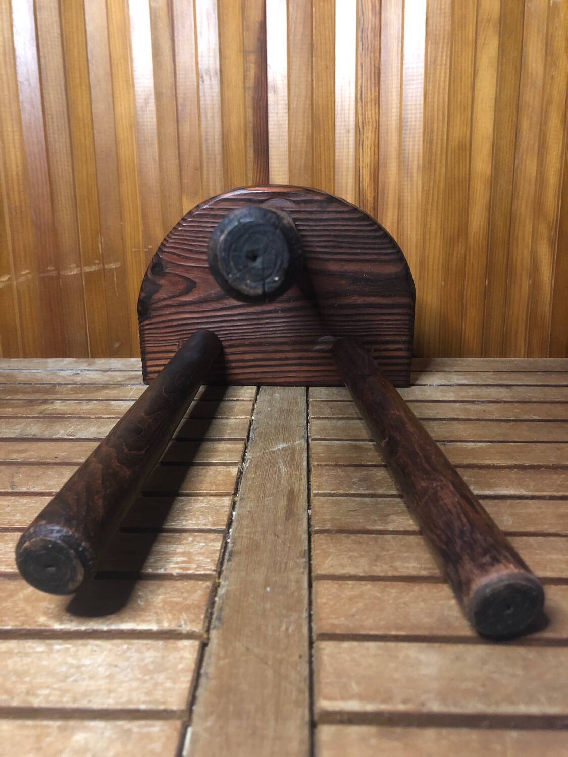 Vintage half moon wooden tripod milking stool #a580