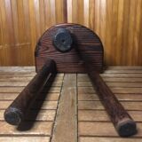 Vintage half moon wooden tripod milking stool #a580