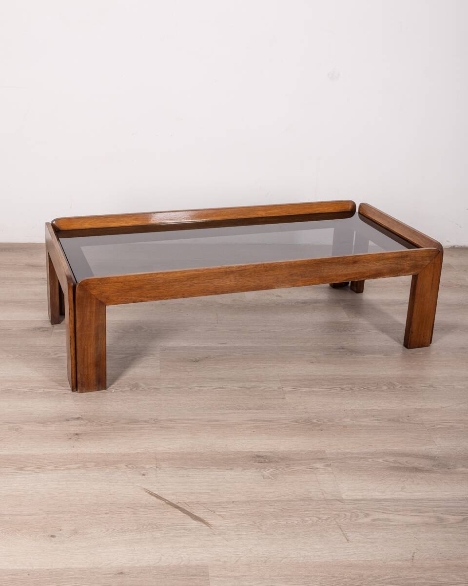 Table vintage années 70 en bois et verre design afra e tobia scarpa