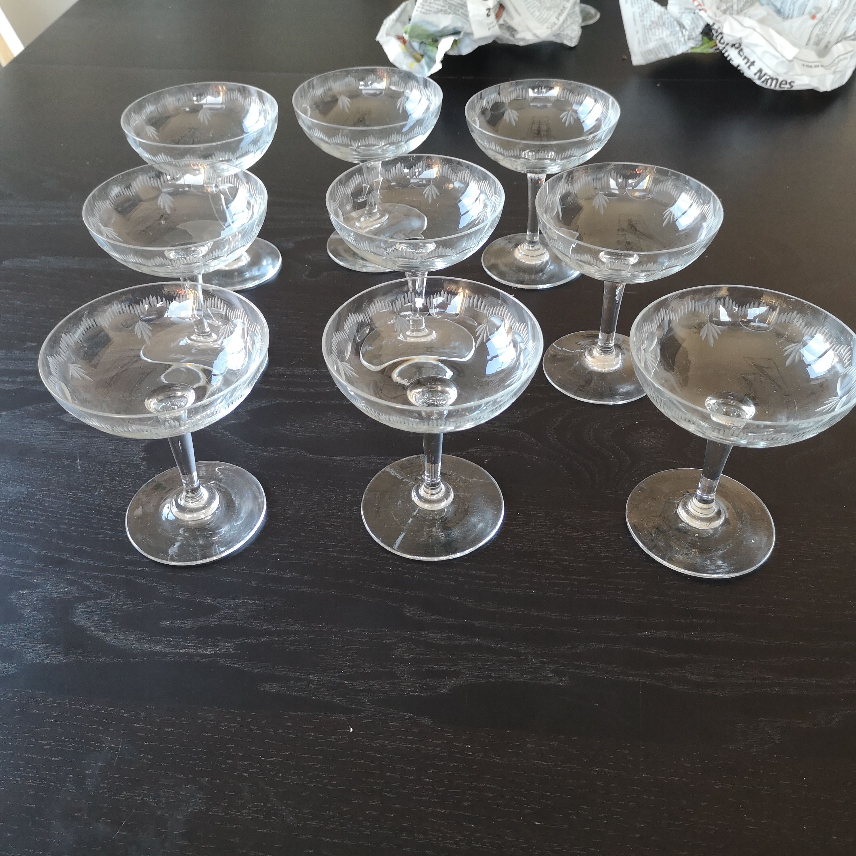9 engraved champagne glasses