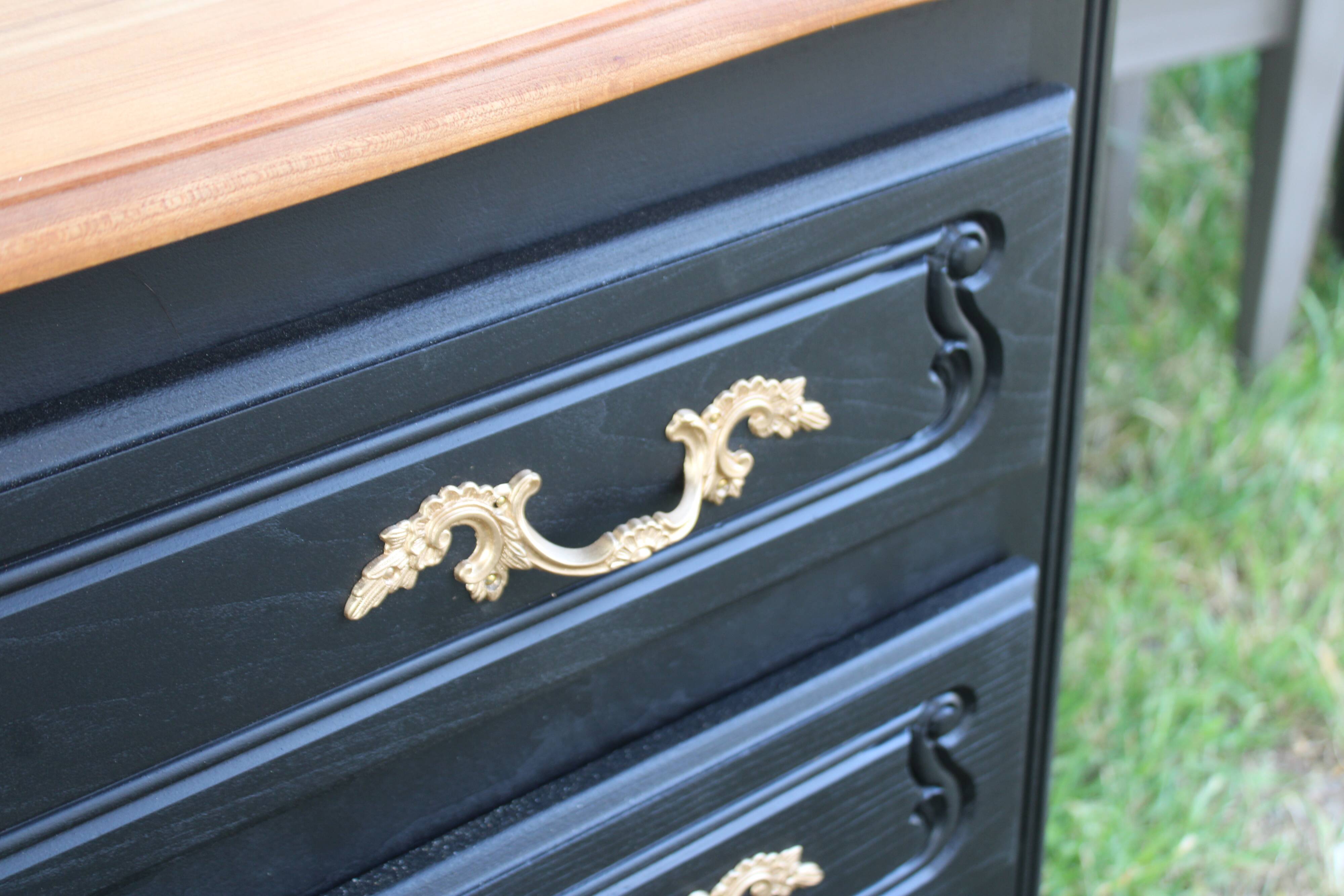 Louis XV style black commode with natural wood top – 3 drawers