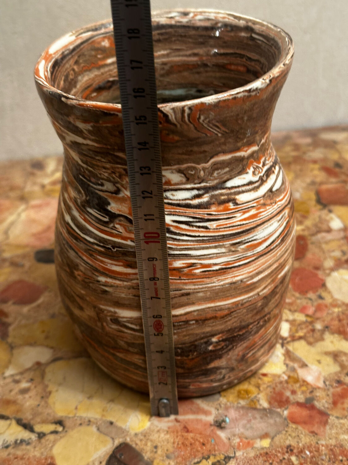 Small Vintage Marbled Terracotta Vase signed Bethany H 15.5 cm