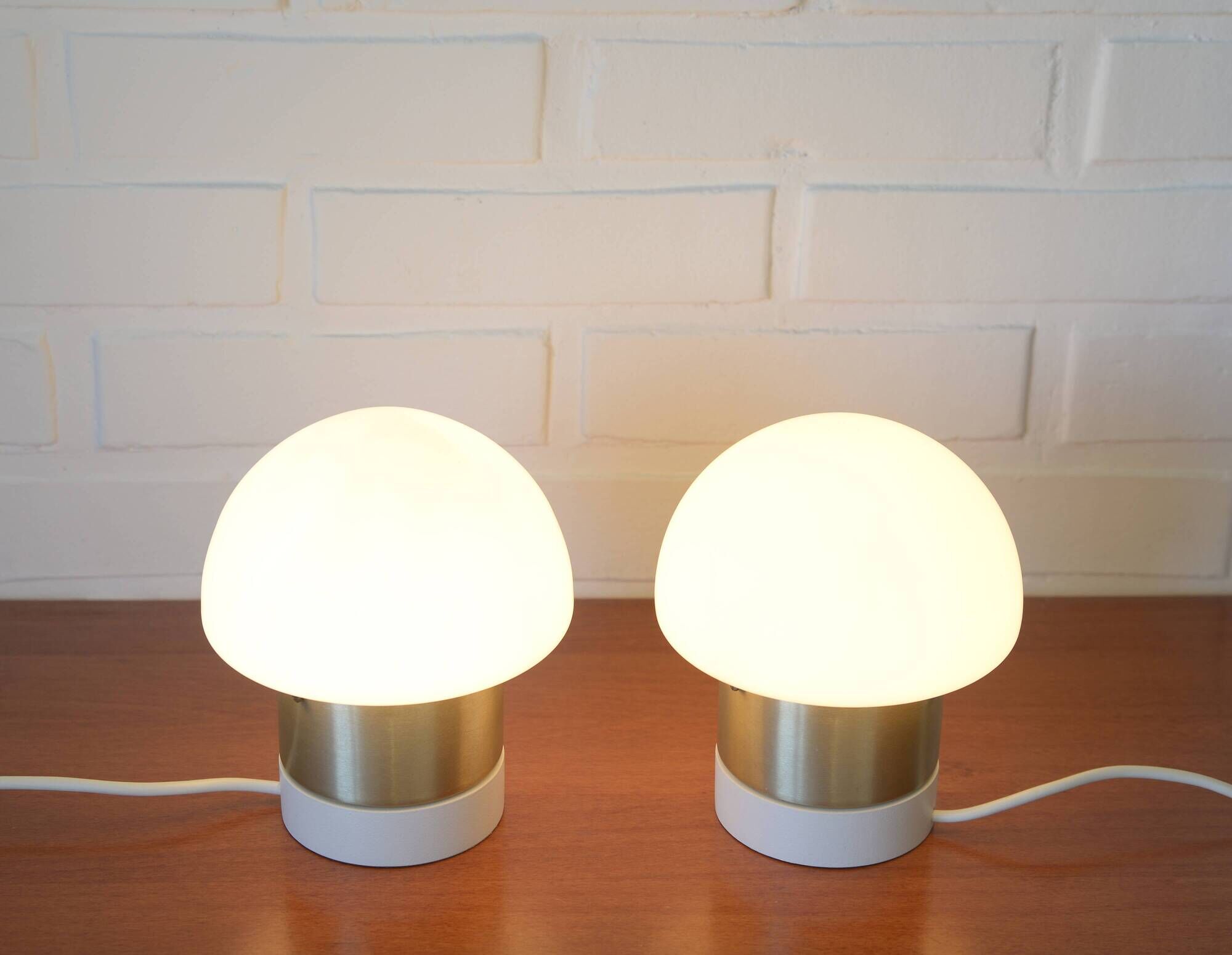Pair of Mid Century Modern Bedside Lights Mushroom Milk Glass Lamps