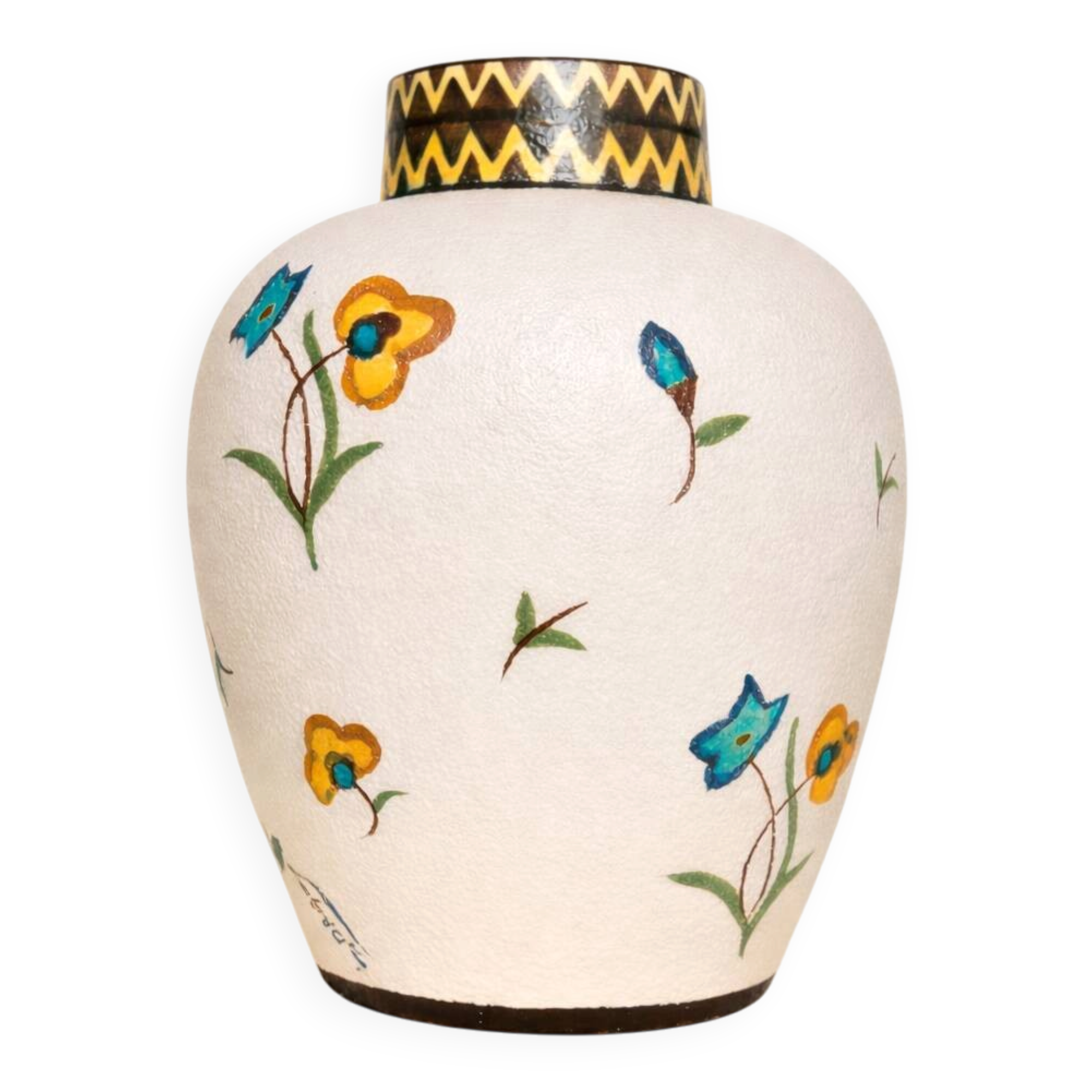 Art Deco vase by Louis Dage, frosted enamel and hand-painted floral decoration, years.