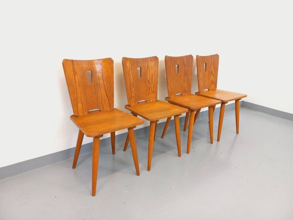 Suite de 4 chaises brutalistes vintage en bois des années 60