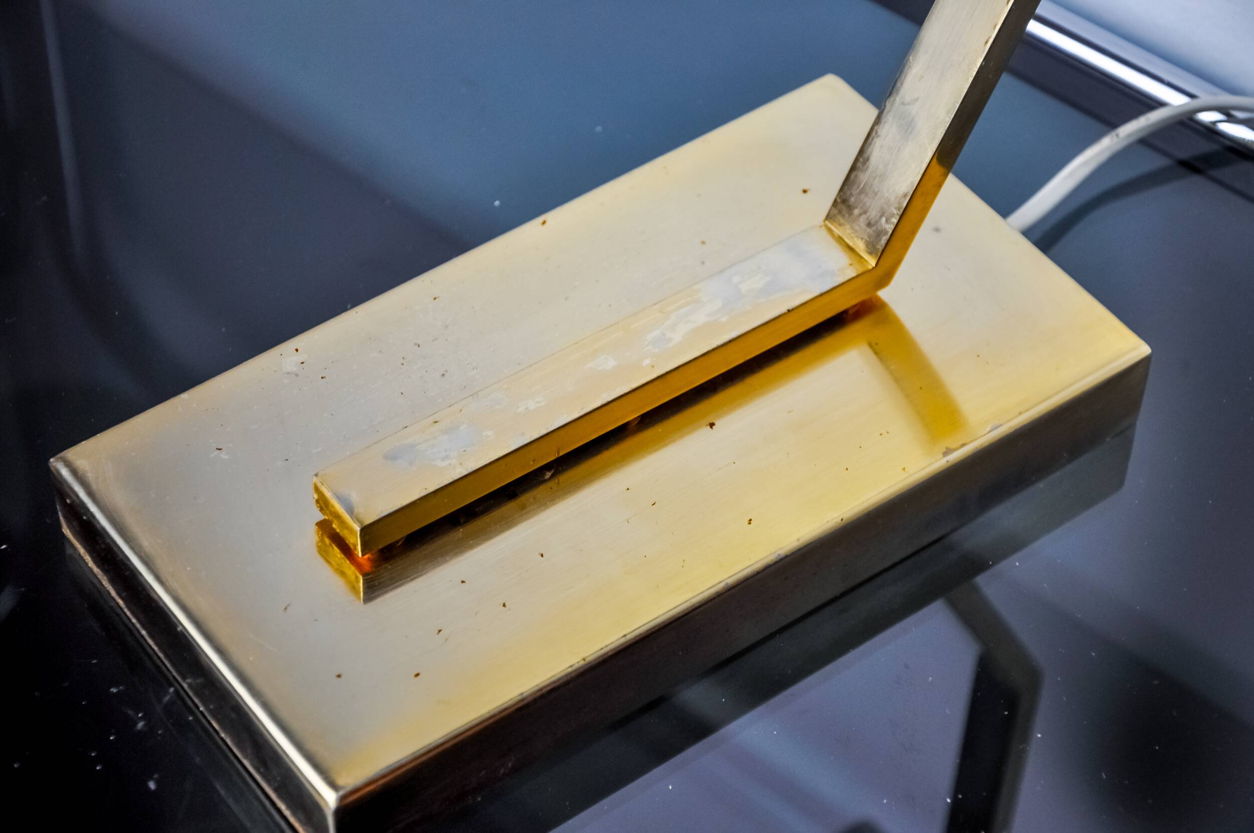 Geometric art deco lamp, brass and smoked glass, Spain, 1970