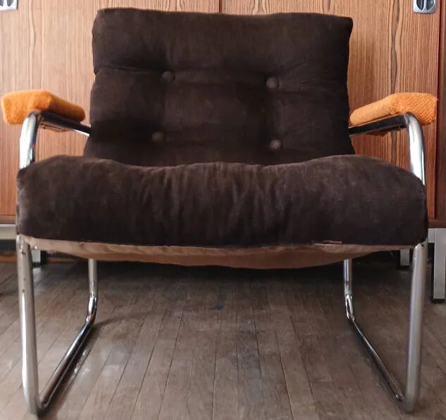 Fauteuil lounge style G.Lundgren pour Ikea, velours & tubes chromés 1970
