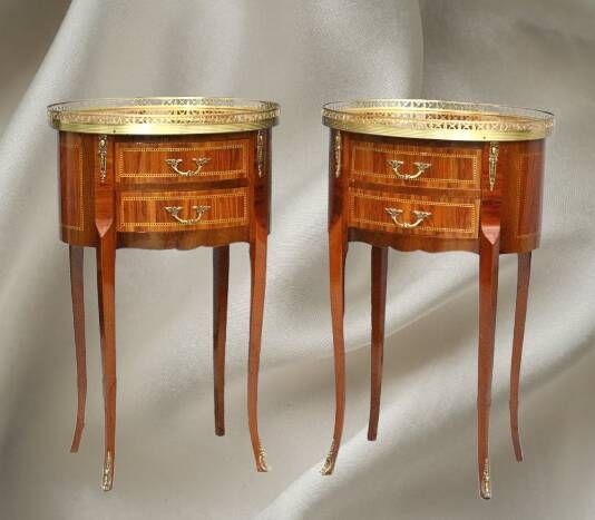 Pair of Bedside Tables / Salon in Marquetry Transition Style Louis XV/Louis XVI