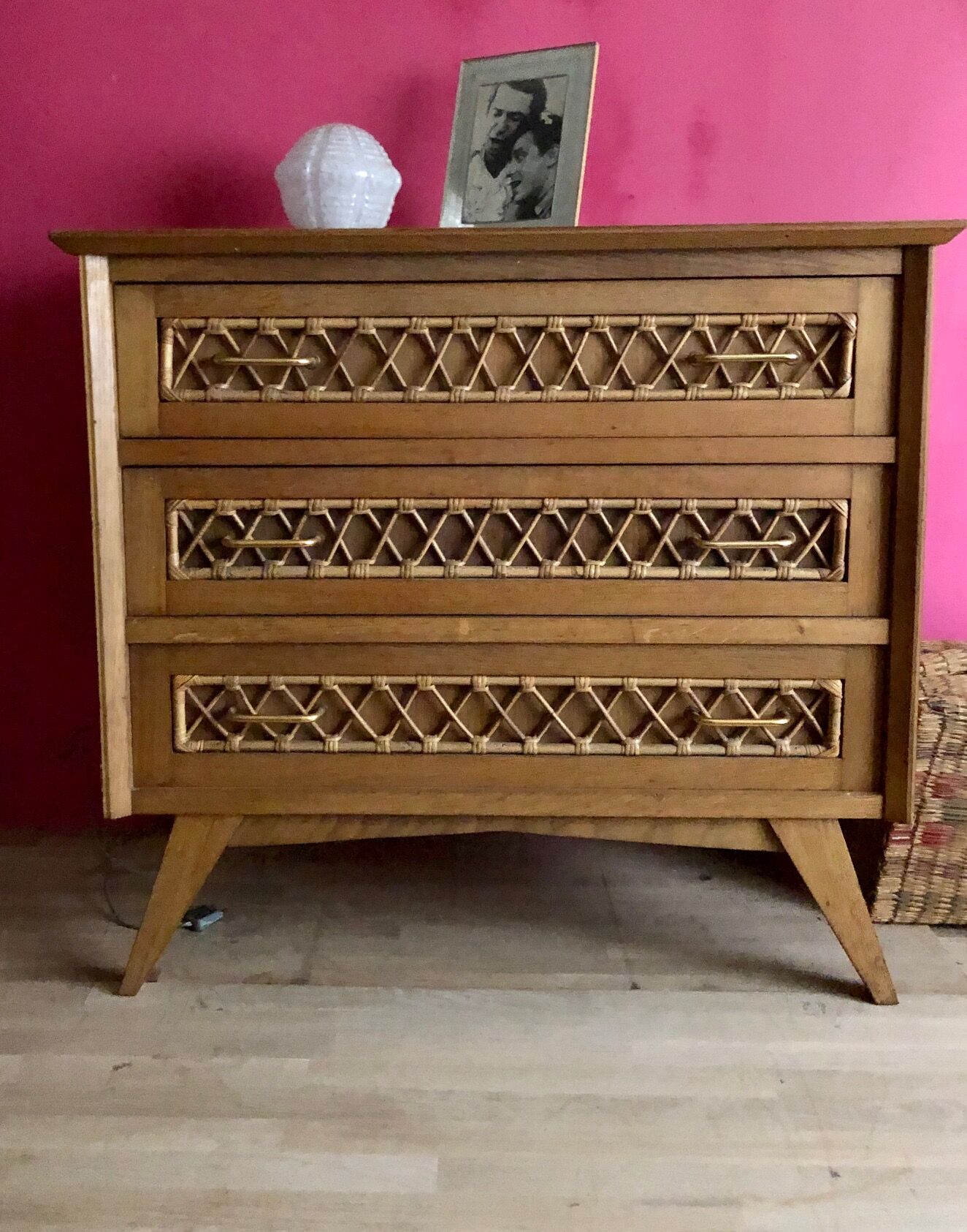 60s rattan and compass feet dresser