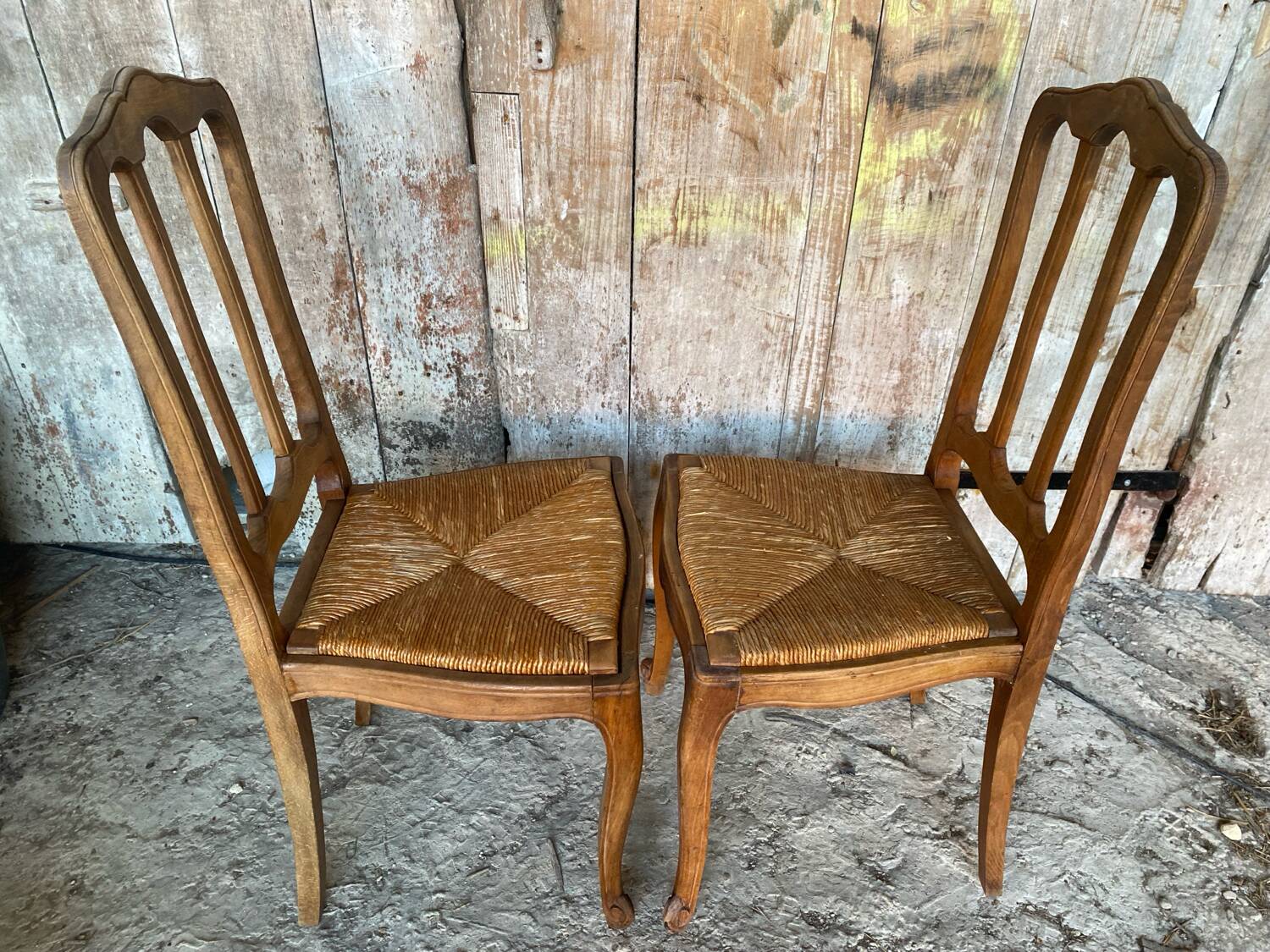Pair of Antique Art Nouveau Chairs with Wooden Frame + Woven Straw Seat Vintage
