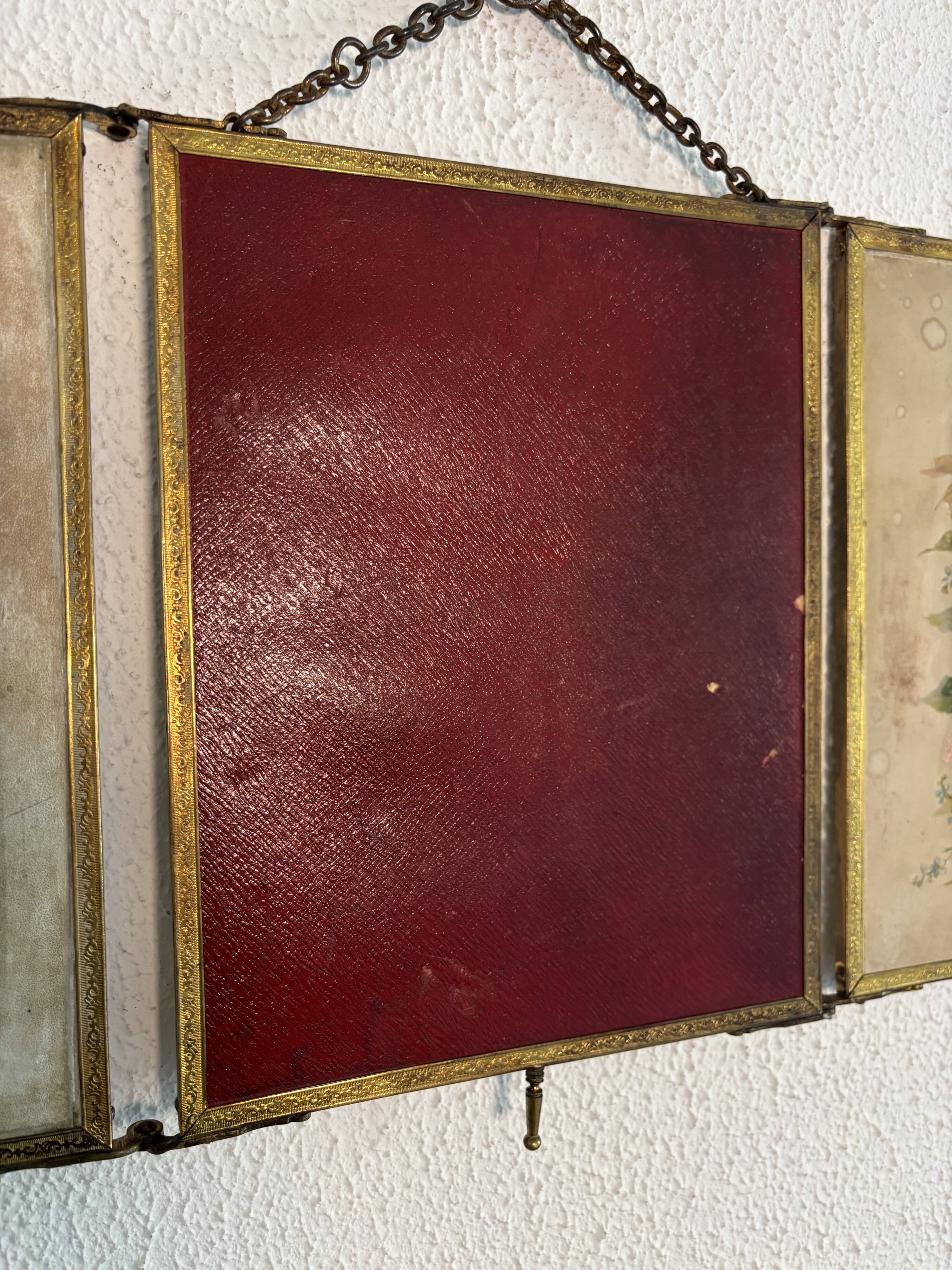 Vintage 1900s triptych barber mirror JB gilt burgundy - 30 x 67 cm