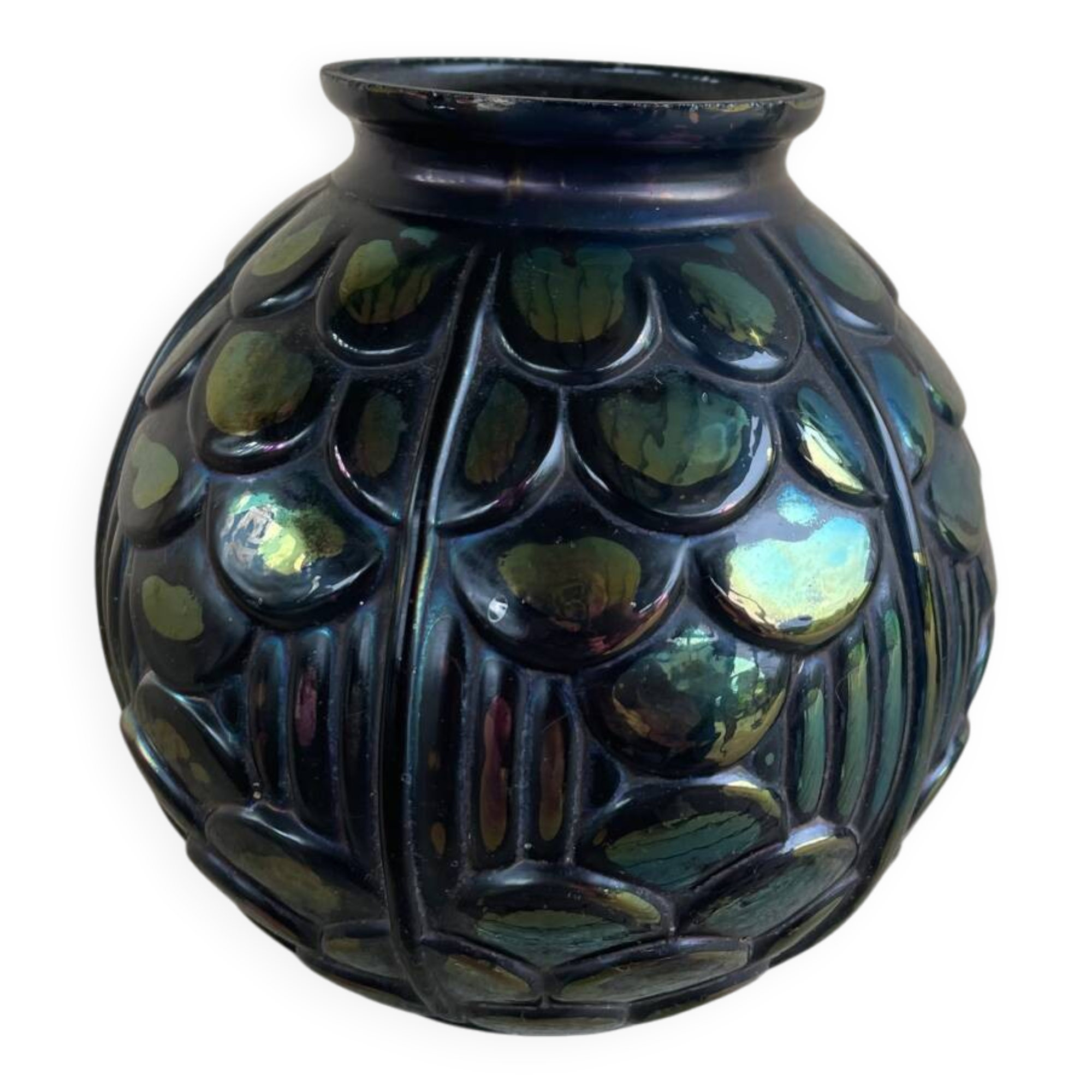 Art Deco Black Sphere Vase with Iridescent Blue Reflections French Manufacture