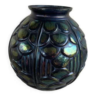 Art Deco Black Sphere Vase with Iridescent Blue Reflections French Manufacture