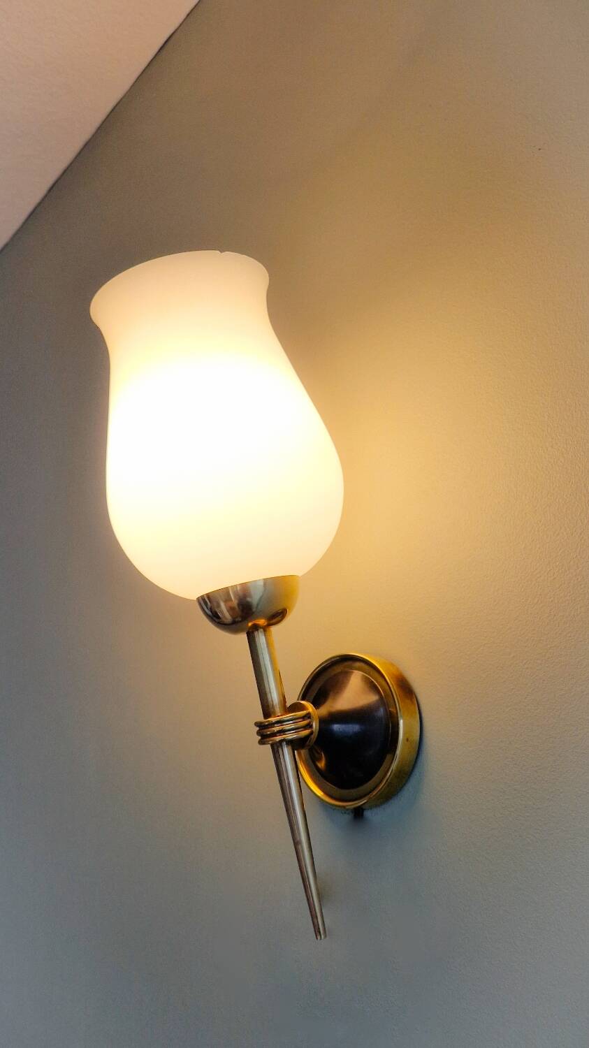 Pair of opaline and brass wall lights, 1950