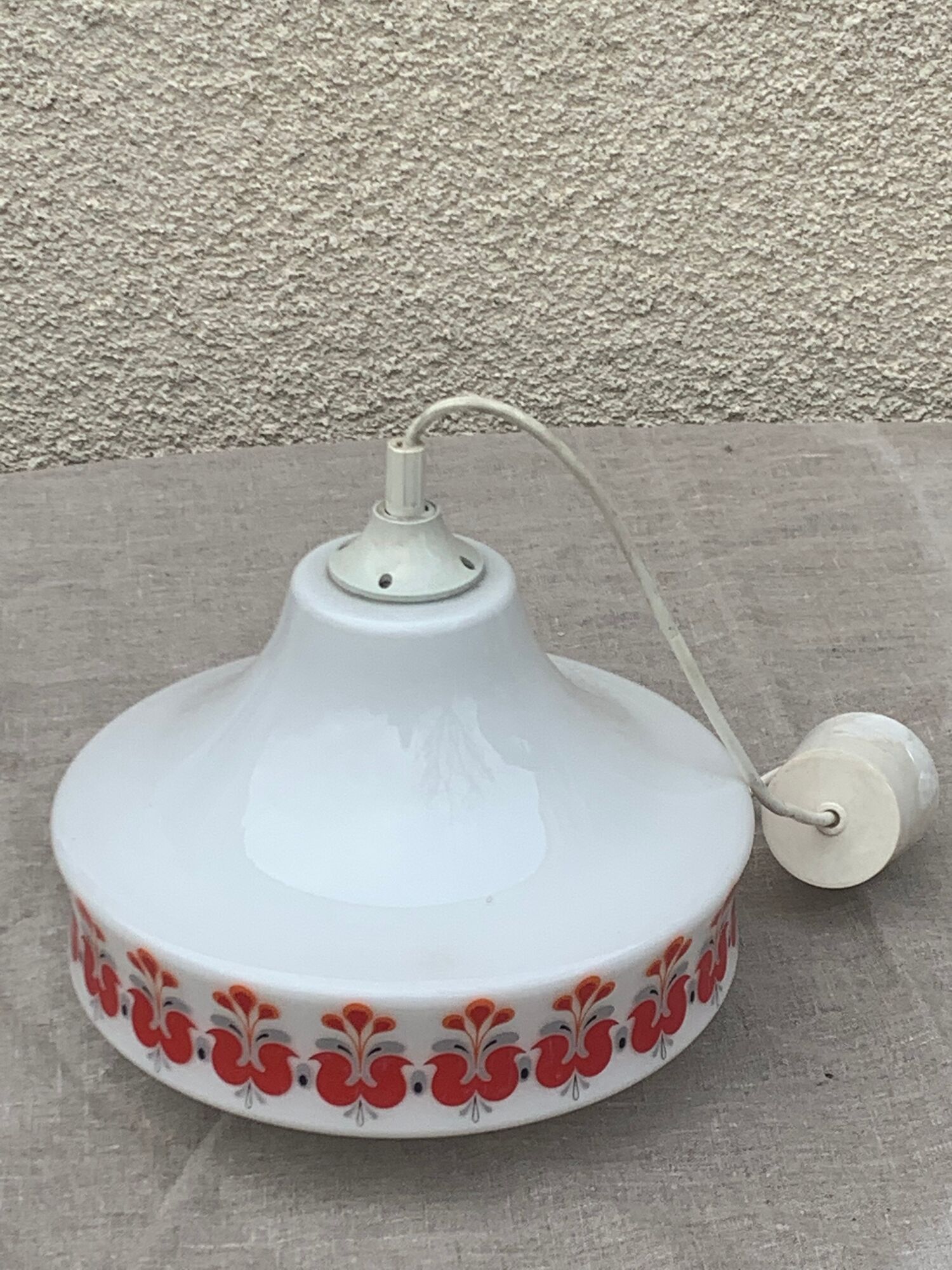 Pendant lamp, white opaline globe with a vintage red design floral pattern 1970