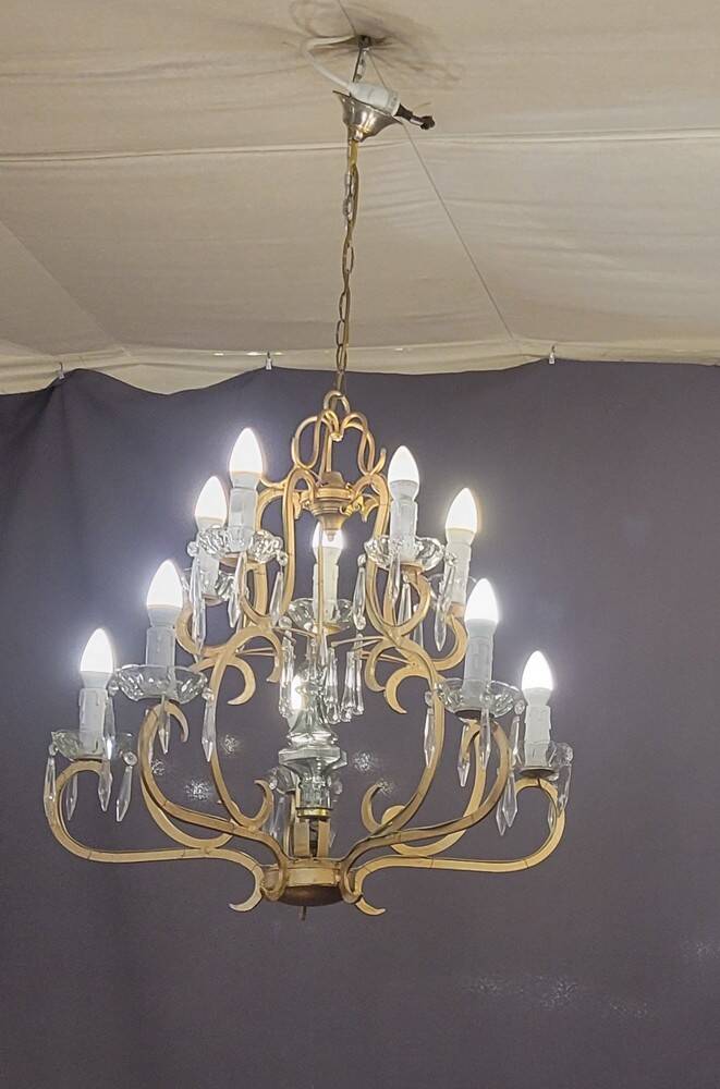 Pair of cage chandeliers with pendants