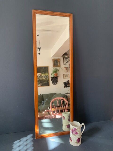 Large rectangular antique wall mirror in vintage wood, 1930