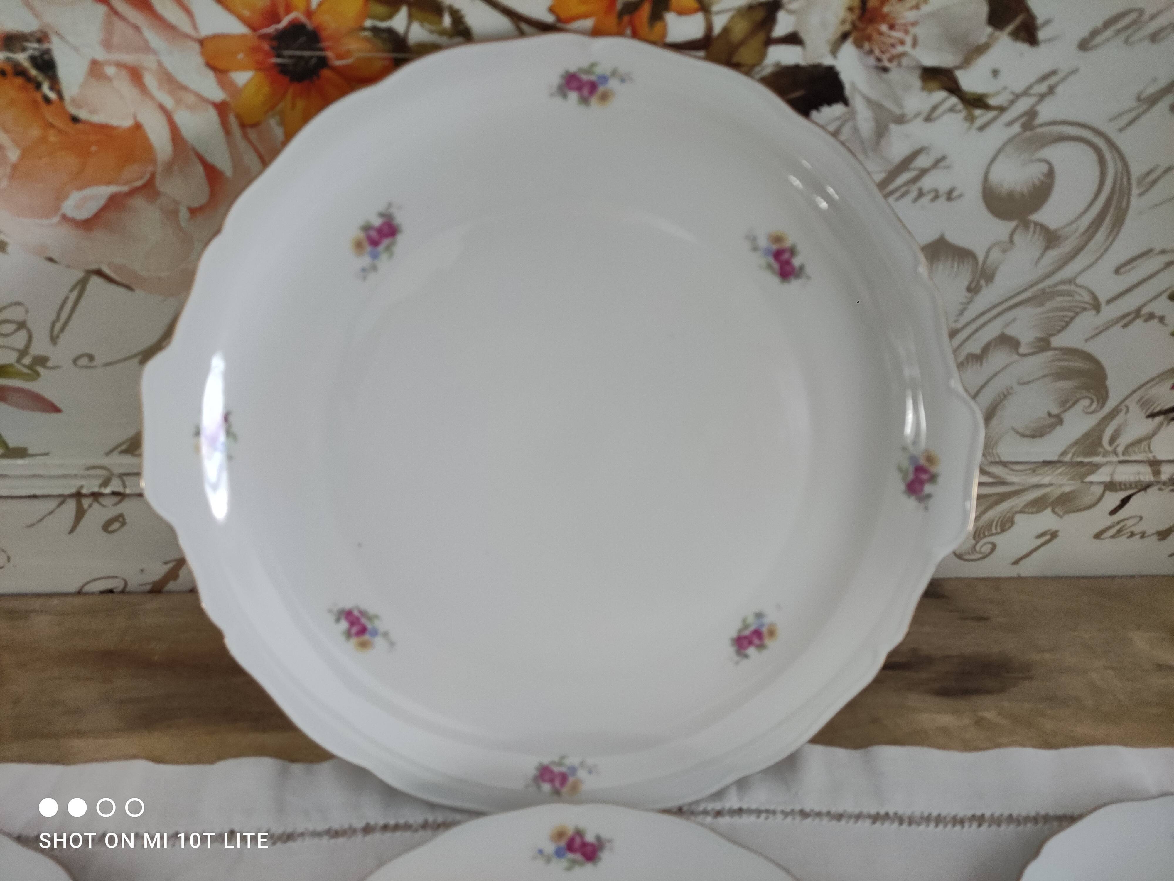 Dessert service 6 people 7 pieces porcelain Bavaria white decoration roses field flowers