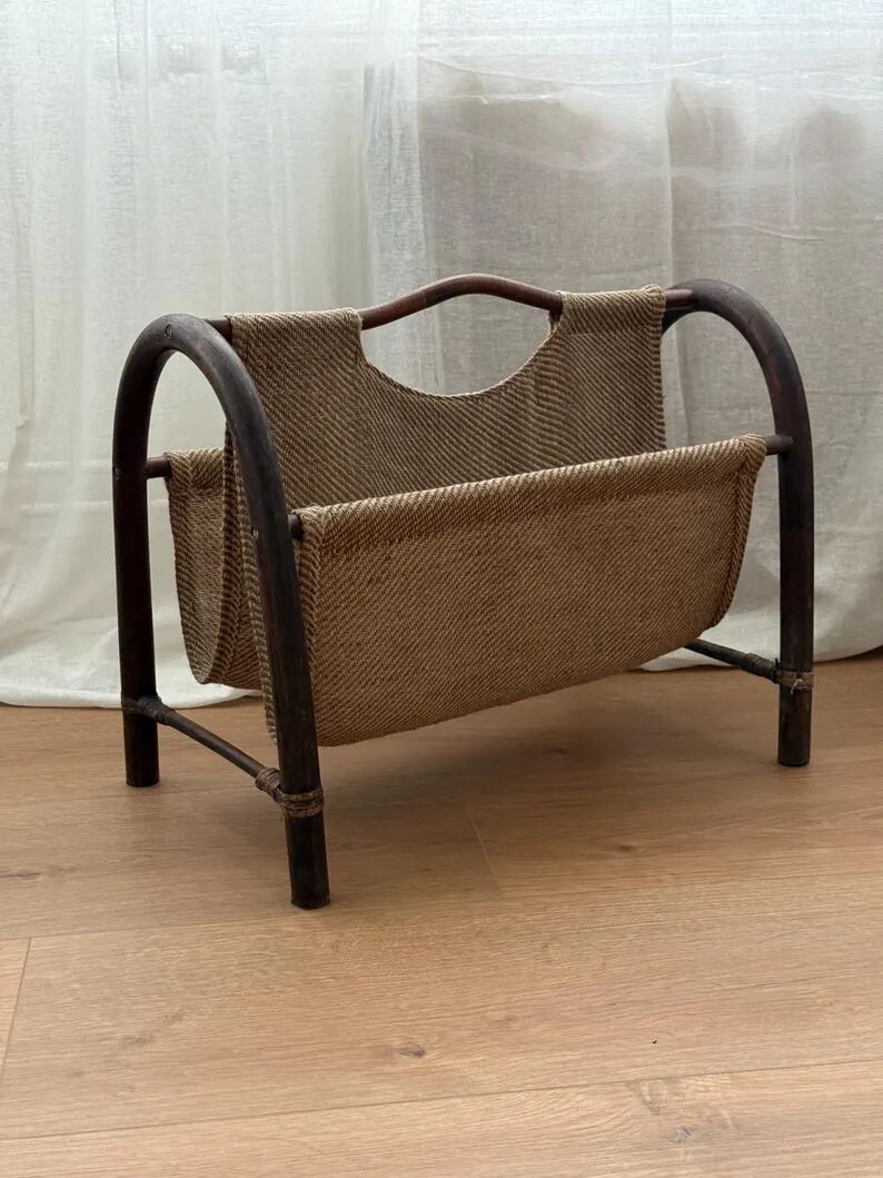porte-revues vintage en rotin et jute | style bohème des années 50 | années 1970