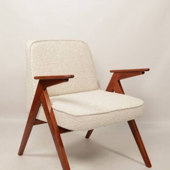 Scandinavian armchair in wood and ecru fabric by Józef Chierowski