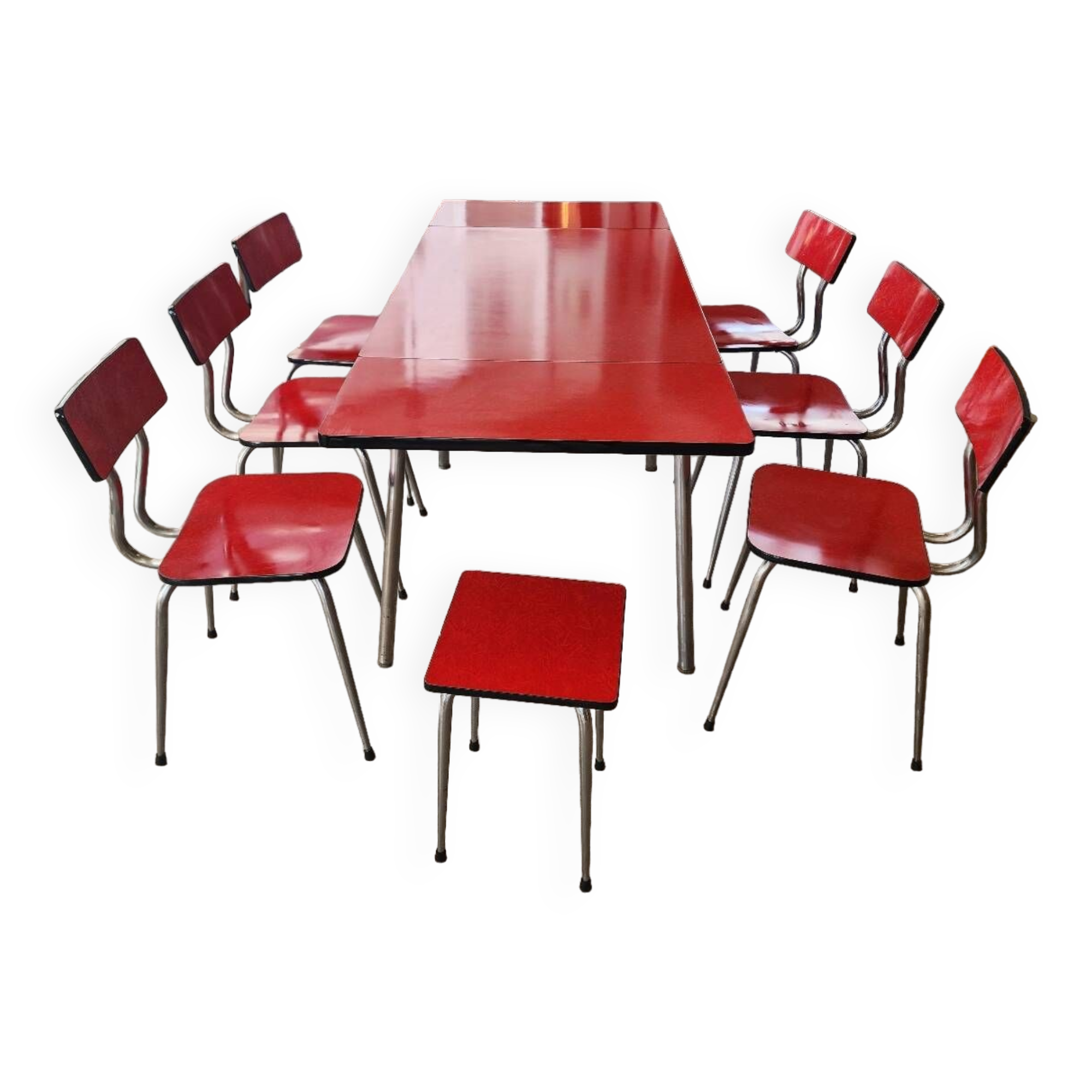 Vintage Lafague red formica set, 1 table, 6 chairs and 1 stool