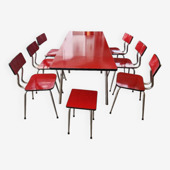 Ensemble en formica rouge Lafague vintage, 1 table, 6 chaises et 1 tabouret