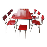 Vintage Lafague red formica set, 1 table, 6 chairs and 1 stool
