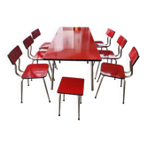 Vintage Lafague red formica set, 1 table, 6 chairs and 1 stool