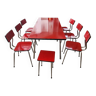 Ensemble en formica rouge Lafague vintage, 1 table, 6 chaises et 1 tabouret