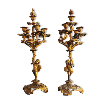 Pair of candlesticks in gilded bronze decoration of putti