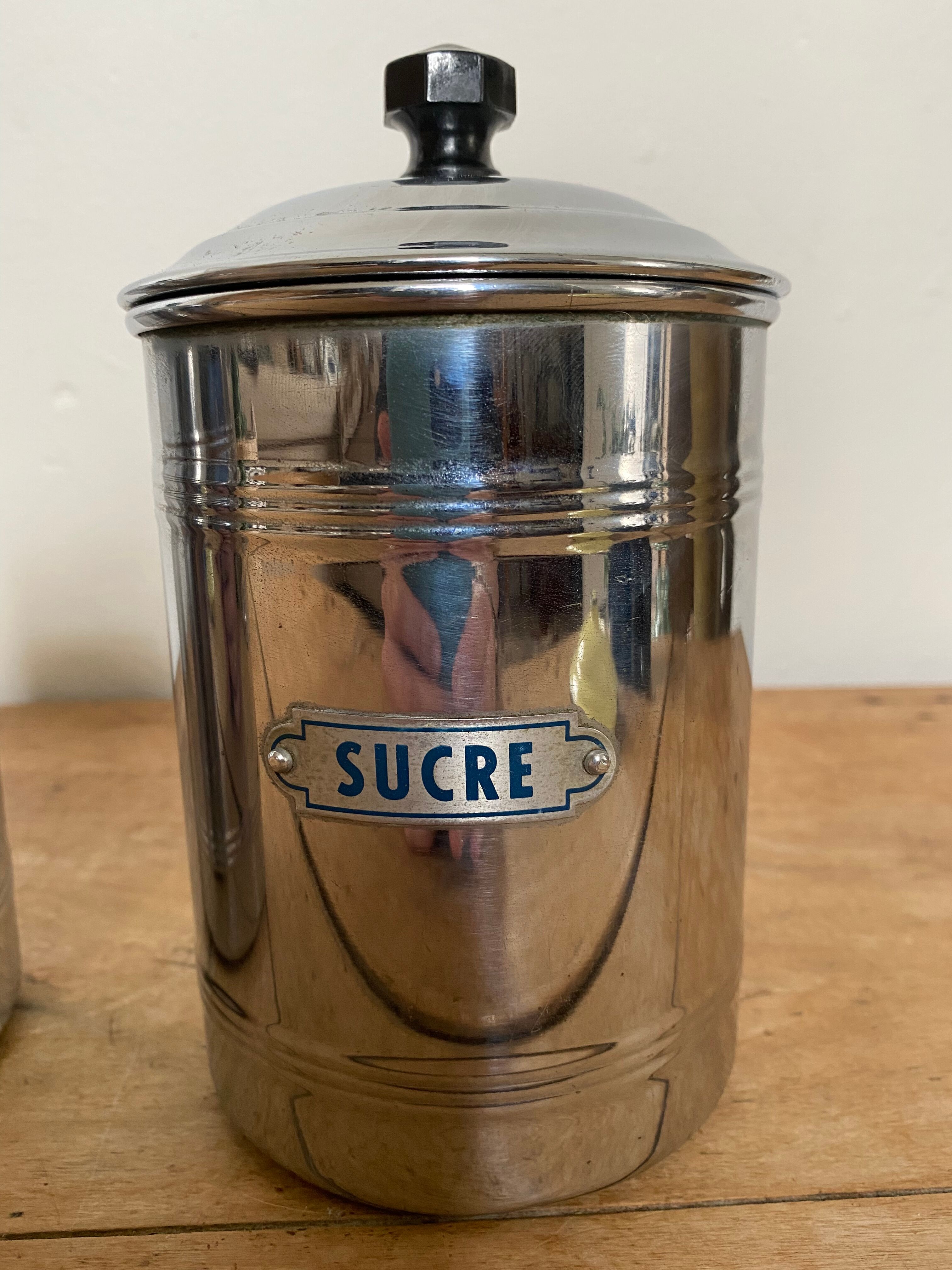Set of two chrome-plated copper coffee/sugar jars stamped