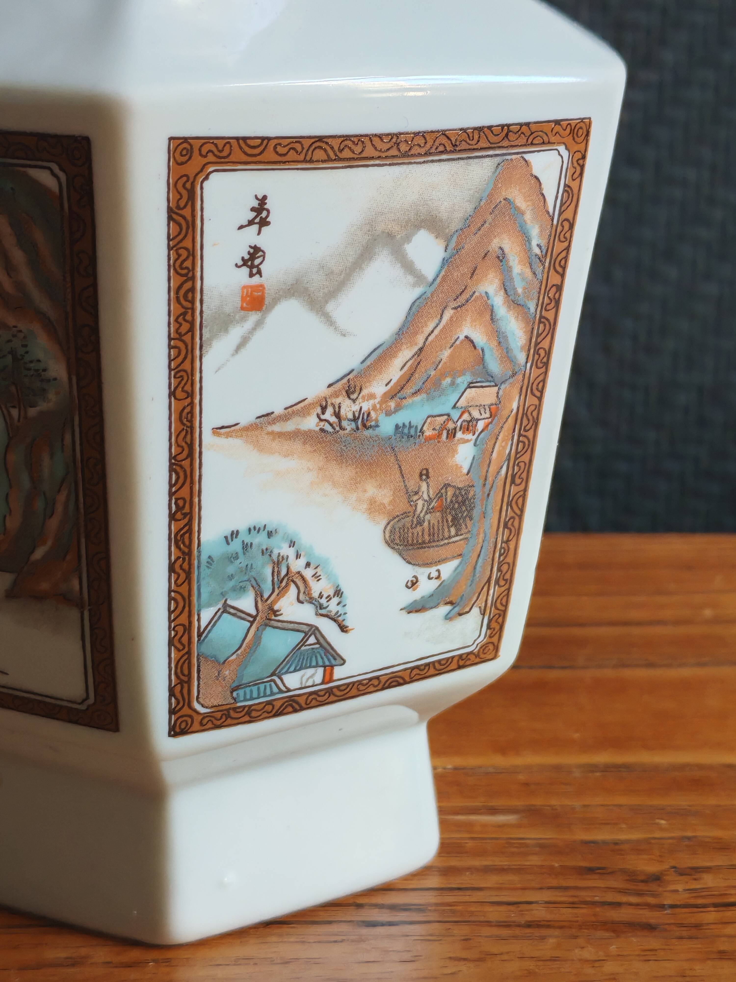 Vintage Hexagonal Japanese Porcelain Vase – Landscape Decoration