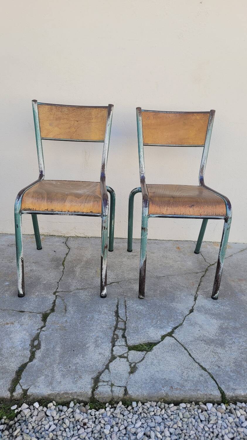 Pair of vintage Mullca metal school chairs 1950s