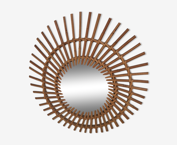 Miroir en forme de soleil en rotin bambou années 50-60