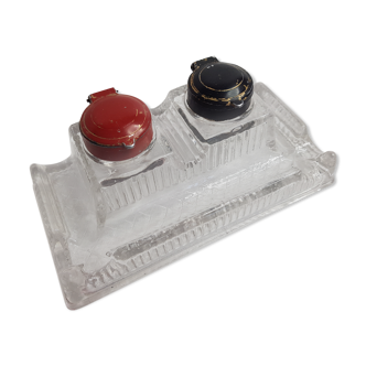 Double glass inkwell with feather door