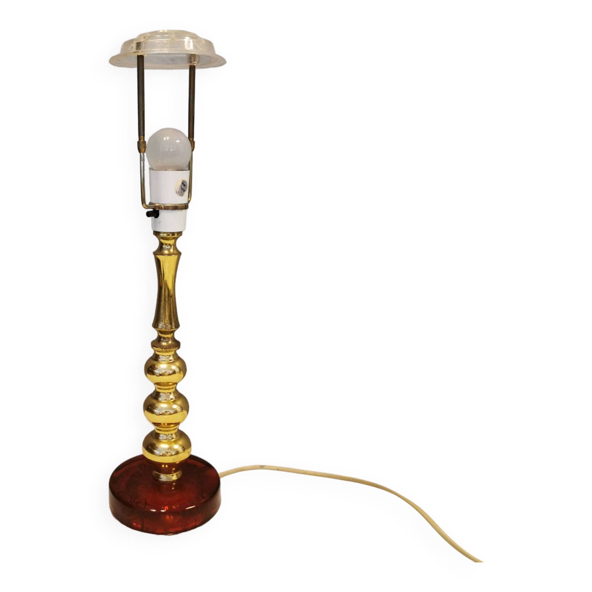 Table lamp from Danish Vitrika in brass, amber colored hard pressed glass, with a shade holder.