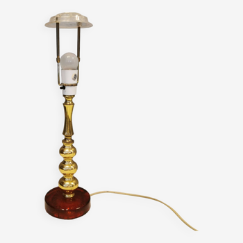 Table lamp from Danish Vitrika in brass, amber colored hard pressed glass, with a shade holder.