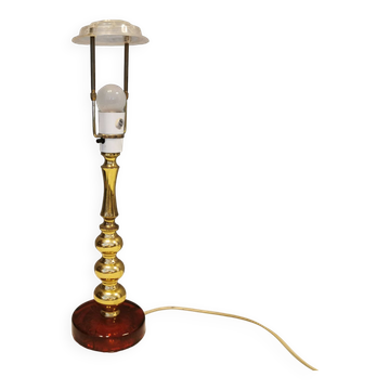 Table lamp from Danish Vitrika in brass, amber colored hard pressed glass, with a shade holder.