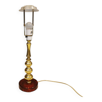 Table lamp from Danish Vitrika in brass, amber colored hard pressed glass, with a shade holder.