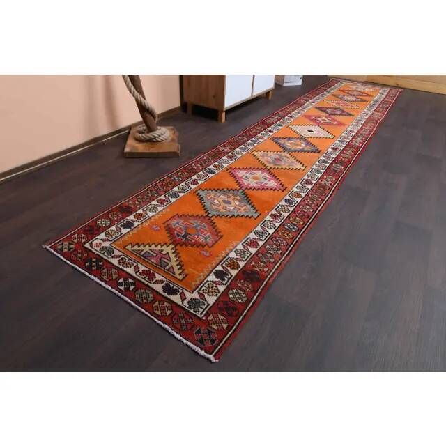Vintage Turkish Oushak Handmade Wool Cotton Orange Runner 87x409