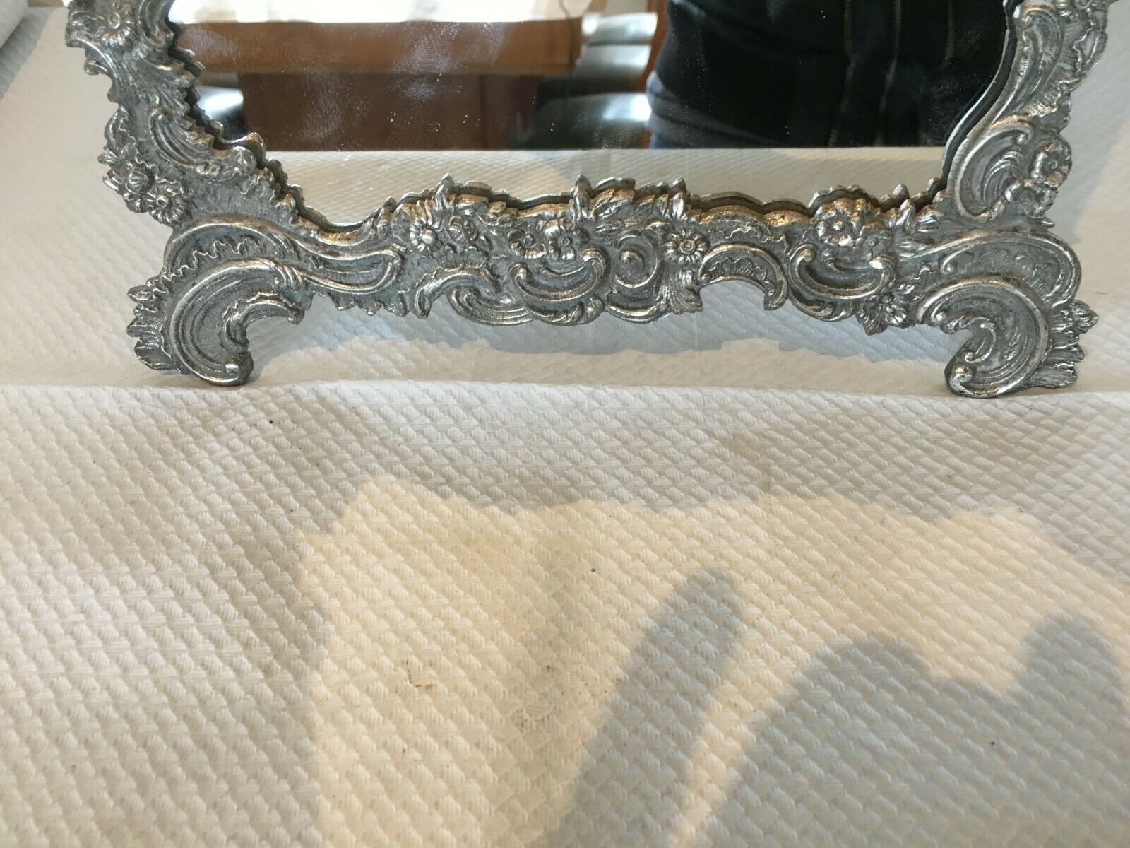 Louis XV style table mirror silver bronze frame floral painting 24x39cm